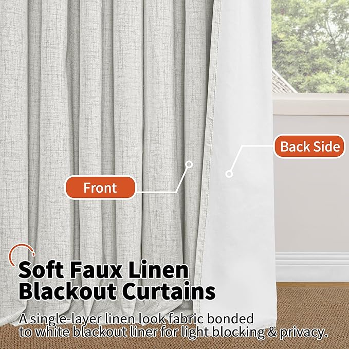 60 Inch Wide Linen Blackout Curtains for Living Room/Bedroom 84 Inch Length 2 Panels, Total Black Out Thermal Insulated Soundproof Grommet Boho Window Drapes for Modern Farmhouse, Light Grey