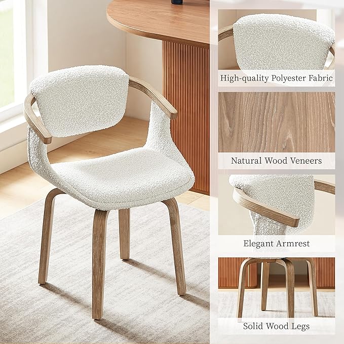 Art Leon Desk Chair No Wheels, Mid Century Modern Swivel Accent Chair, Boucle Fabric Home Office Desk Chair for Small Spaces Living Room Bedroom, White