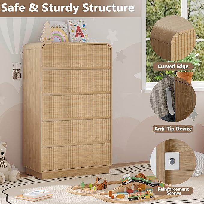 Tall Dresser for Bedroom with 5 Drawers, Fluted Chest of Drawers with Round Curved Corner, Hidden Handles, Modern Wood Storage Organizer for Bedroom, Nursery, Living Room