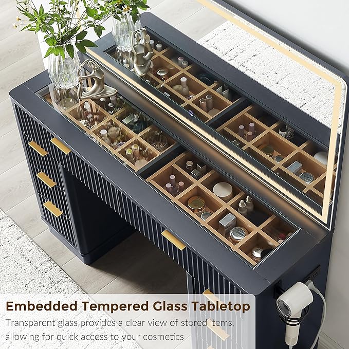 T4TREAM 48" Fluted Makeup Vanity Desk with Large Led Lighted Mirror, Modern Vanity Table with 8 Drawers & Charging Station, Glass Top Dressing Table for Bedroom, Dark Grey