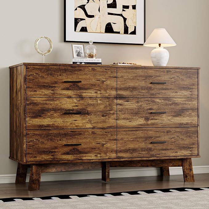 Dresser for Bedroom with 6-Drawer, 47.3" Modern Chest of Drawers with Metal Handles, X-Shape Base & Adjustable Center Leg, Anti-Tip Closet Organizers and Storage