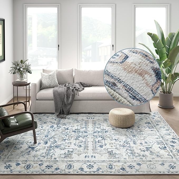 jinchan Lima 6x9 Area Rug for Living Room Washable Soft Throw Rug Ultra-Thin Stain Resistant Non-Slip Distressed Vintage Floral Large Carpet for Bedroom Dining Room Home Office Nursery (6x9ft, Blue)