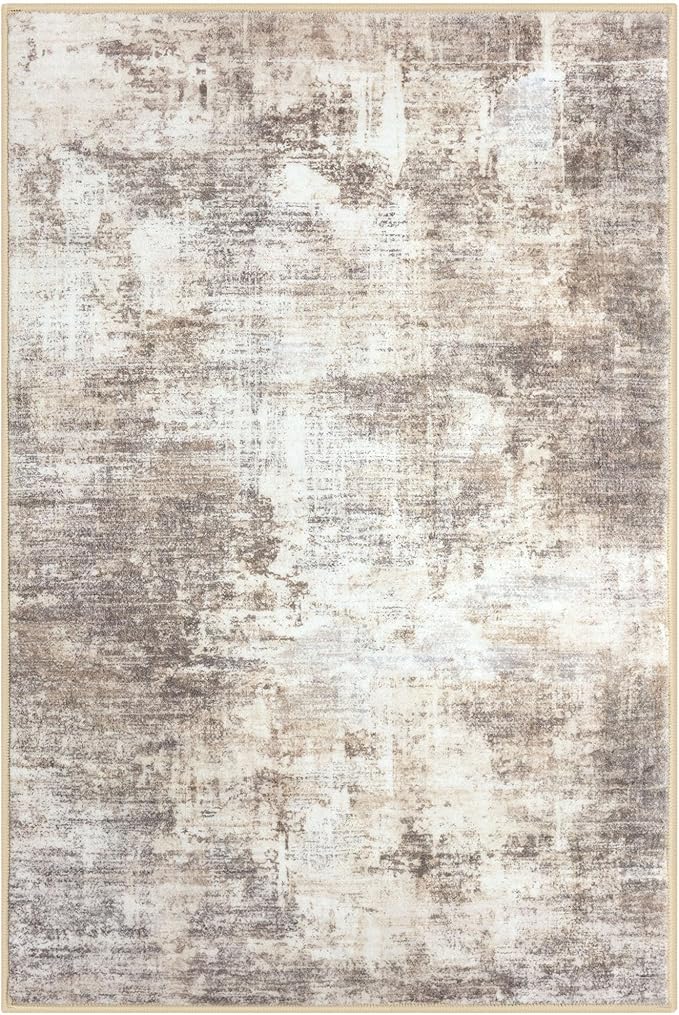 IOHOUZE Abstract Area Rug 4x6 Ft Washable Rugs for Entryway Indoor, Non Slip Small Living Room Rugs Printed Faux Wool Throw Rug, Floor Carpet for Kitchen Nursery Playroom, Beige Brown