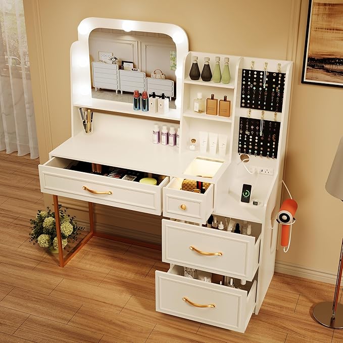Makeup Vanity Desk with Mirror and Lights,Glass Top Dresser with Charging Station,Vanity Table with Storage and Jewelry Stand,Dressing Table,edroom Makeup Desk for Women,White