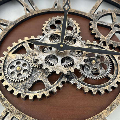 The B-Style Large Wall Clock 24 inch Moving Gear Wall Clock Oversized Vintage Farmhouse Wall Clocks for Living Room Decor Rustic Industrial Wood Clock (Black walunt Wood and Bronze)