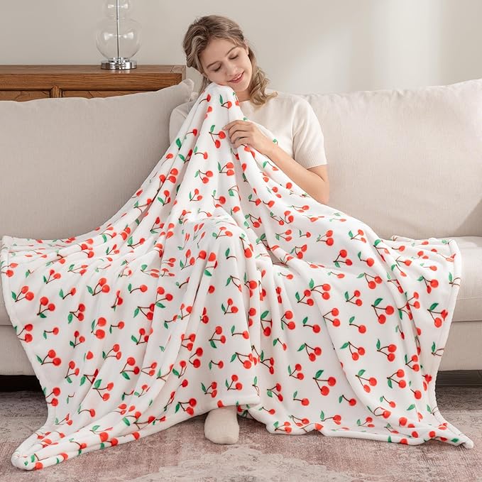 Berkshire Blanket-Classic Heavyweight Soft Printed VelvetLoft® Plush Throw Blanket, Cozy and Fuzzy, Cherries Toss White, 50in x 70in