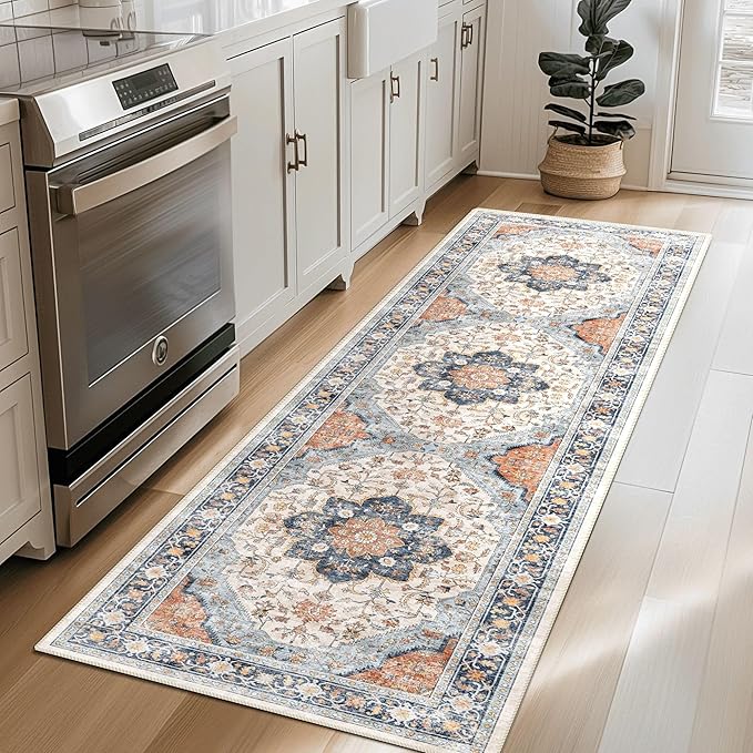 vivorug Runner Rug 2'x7' Washable Non-Slip Boho Runners for Hallways Kitchen Entryway Laundry Room Carpet Hallway Runner Orange/Navy