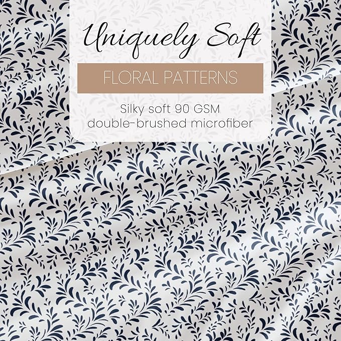 Linen Market Double-Brushed Patterned Microfiber Full Sheet Set 4 Piece – Oeko-TEX Certified Ultra Soft & Wrinkle-Free - 16" Deep Pocket Sheets - Easy Care Full Size - Burst of Vines Navy