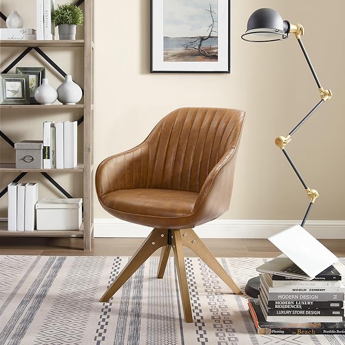 Zouron Mid Century Modern Accent Chairs with Wooden Legs, Swivel Desk Chair No Wheels, Faux Leather Vanity Side Chair for Small Space Home Office Living Room Bedroom, Brown