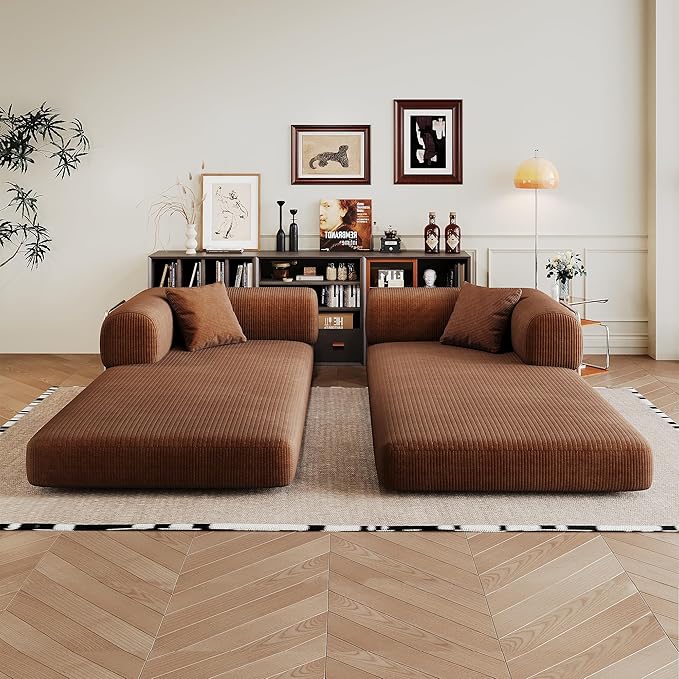 79" Convertible Sofa Bed with Fixed-Shape Frame, Corduroy Folding Pull Out Couch, No Assembly Modern Boneless Couch Compression Sofa in Box, Floor Sofa for Living Room,Brown