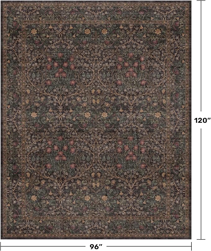 Vintage Dark Brown Washable 8x10 Living Room Rug, Non-Slip Large Area Rugs for Dining Room Under Table, Bedroom, Black Brown Floral Carpet with Deep Olive Accent, Low Pile Stain Resistant