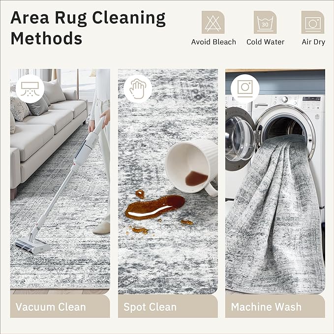 5x5 Grey Round Rug 5ft Living Room Circle Rug Vintage Gray Round Area Rug Non Slip Indoor Carpet for Entryway Dining Room Bedroom