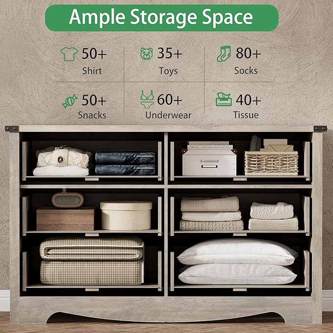 Dresser for Bedroom with 6 Drawers, 54" Wide Wood Chest of Drawers with Deep Drawers & Mental Handle, Modern Dresser TV Stand, Wooden Closet Storage Organizer for Living Room, Hallway, Entryway, Grey