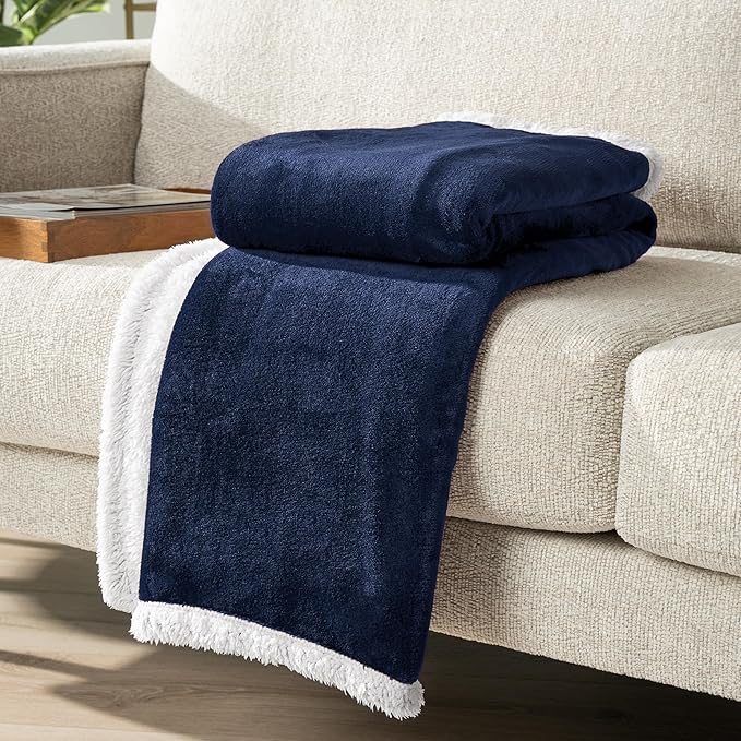 PAVILIA Sherpa Fleece Throw Blanket for Couch, Navy Blue, Plush Soft Fuzzy Sofa Blanket, Cozy Reversible Winter Throw for Women Men, 50x60 Inches