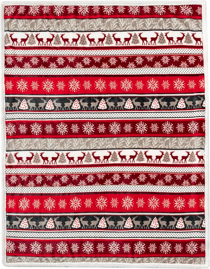 PAVILIA Christmas Sherpa Throw Blanket, Red & White Snowflake, Reindeer, Reversible Fleece & Sherpa Cozy Winter Blanket for Couch & Bed, 50x60, Christmas & Holiday Decor