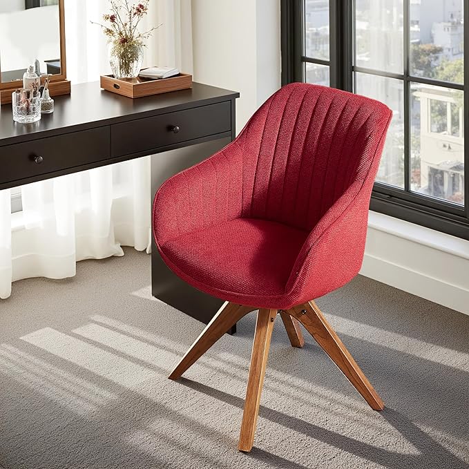 Zouron Mid Century Modern Accent Chair with Wooden Legs, Upholstered Swivel Chair No Wheels, Side Accent Armchair Vanity Chair for Small Space Home Office Living Room Bedroom, Red