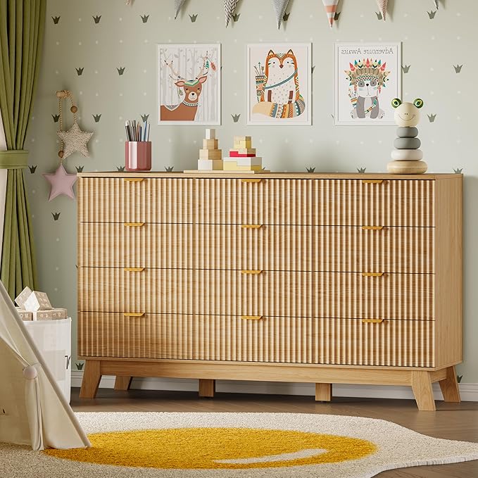 57" Wide Dresser for Bedroom, 12-Drawer Fluted Dresser with Metal Handles, Wood Chest of Drawers with Smooth Slides and Stable Base, Modern Storage Cabinet for Living Room, Nursery