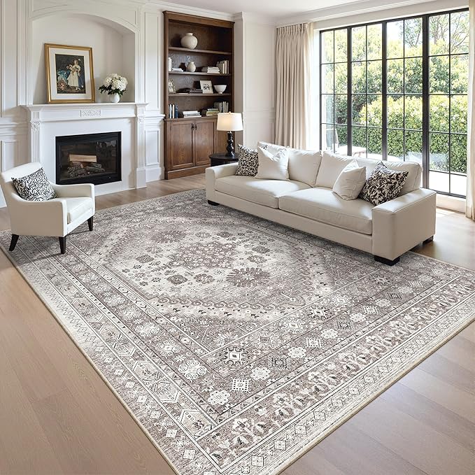 zesthome 8x10 Area Rugs for Living Room,Non-Slip Backing Washable Rugs,Vintage Large Area Rug，Stain Resistant Home Decor Rug (Brown/Beige,8'x10')