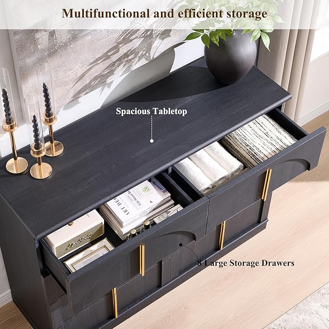ACCOHOHO Large Dresser for Bedroom with 8 Drawers with Arched Panel,Modern Minimalist Chest of Drawers with Gold Handles,Wood Storage Closet Dressers Tv Stand for Living Room, Hallway,Black