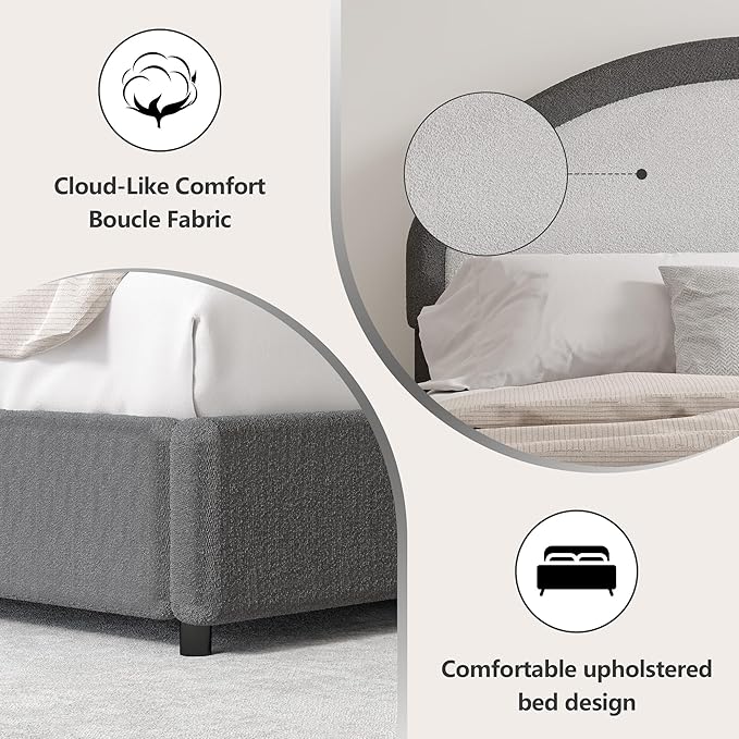 Queen Bed Frame, Boucle Upholstered Platform Bed Frame with Headboard, Grey Bed Frame, Soft Rounded Corners, No Box Spring Required, Easy Assembly