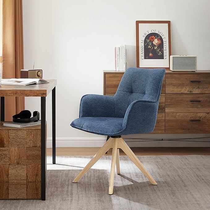 Art Leon Office Chairs Set of 2 - Mid Century Modern Desk Chair No Wheels, Fabric Upholstered Swivel Accent Chair with Oak Wood Legs, Blue