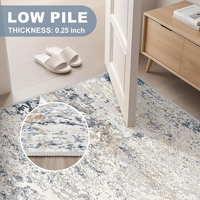 Square Area Rug Living Room Rugs - 8x8 Washable Large Soft Indoor Neutral Modern Abstract Low Pile Rug Carpet for Bedroom Dining Room Farmhouse Home Office - Beige Blue