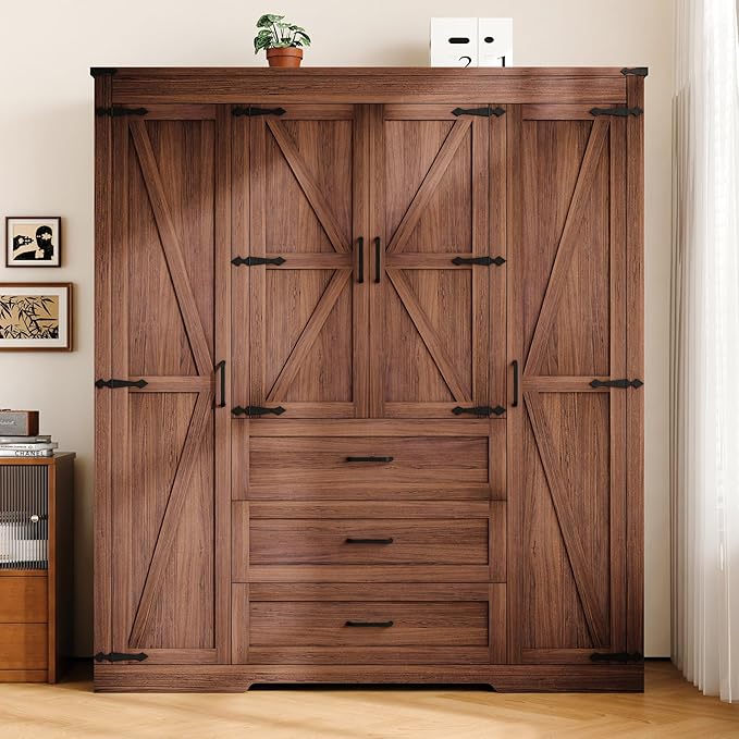 4 Door Armoire Wardrobe Closet Cabinet with 3 Drawers and Drawers, Farmhouse Bedroom Armoire with Hanging Rod and Adjustable Shelves, Large Capacity Storage Wardrobe Armoire for Bedroom, Brown