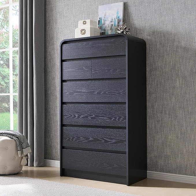 Modern 7 Drawers Dresser for Bedroom, 55" Tall Dressers & Chest of Drawers w/Curved Profile Design, Wood Mid Century Vertical Storage Dressers Organizer for Bedroom, Living Room, Black