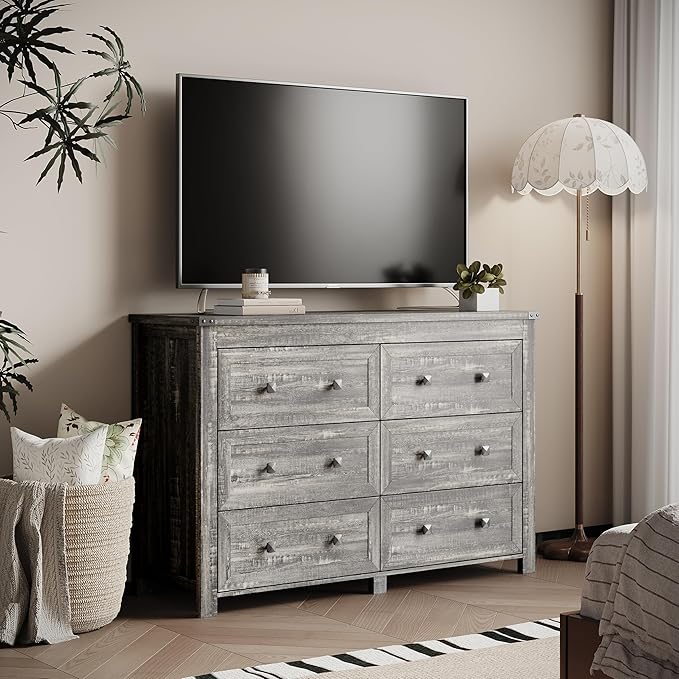 6 Drawer Dresser for Bedroom, Farmhouse Wood Chest of Drawers, Wide TV Stand Closet Storage Furniture with Metal Handle, Modern Clothes Organizer for Hallway, Living Room, Entryway, Grey