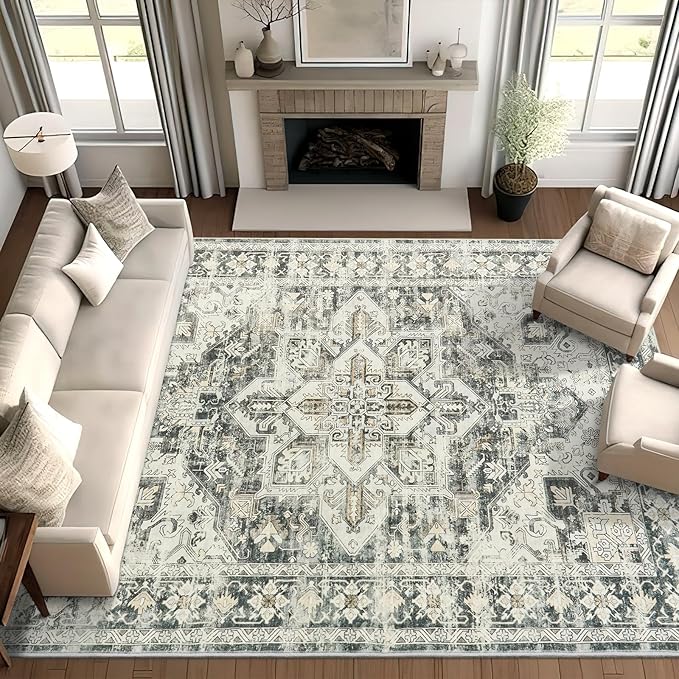 zesthome 8x10 Area Rugs-Washable Rug for Living Room, Non-Slip Backing Rugs, Stain Resistant 8x10 Rug for Bedroom, Ultra-Thin Low Pile Rugs, Vintage Large Home Decor
