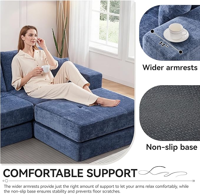 Boneless Sectional Loveseat Couch with Ottoman, Convertible Tufted Button Modular Floor Sleeper Sofa Bed, Comfy Foldable Compression Love Seat Sofa for Living Room, No Assembly, Blue