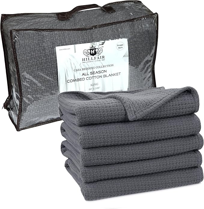 HILLFAIR 100% Cotton Blanket- 120" x 120" XXL Oversized King Bed Blankets - Family Size 10 ft x 10 ft Big - All Season Soft Cozy Breathable Blankets for Bed - Extra Large King Cotton Blanket- Grey