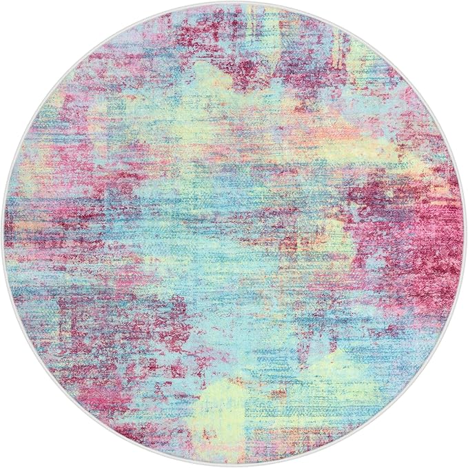 IOHOUZE Abstract Round Area Rug 6 Ft Washable Circle Rugs Large Round Rug Non Slip Thin Soft Circle Rugs, Printed Faux Wool Floor Carpet for Bedroom Living Room Dining Room Nursery, Pink Teal