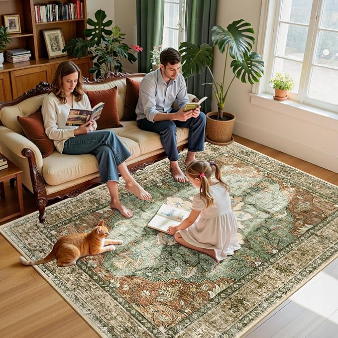 Area Rugs 6'x9' Washable Non-Slip, Floral Vintage Distress Print Pattern Medallion Carpet for Living Room Bedroom Dining Room, Brick Red Rust Neutral Brown Burnt Orange Green