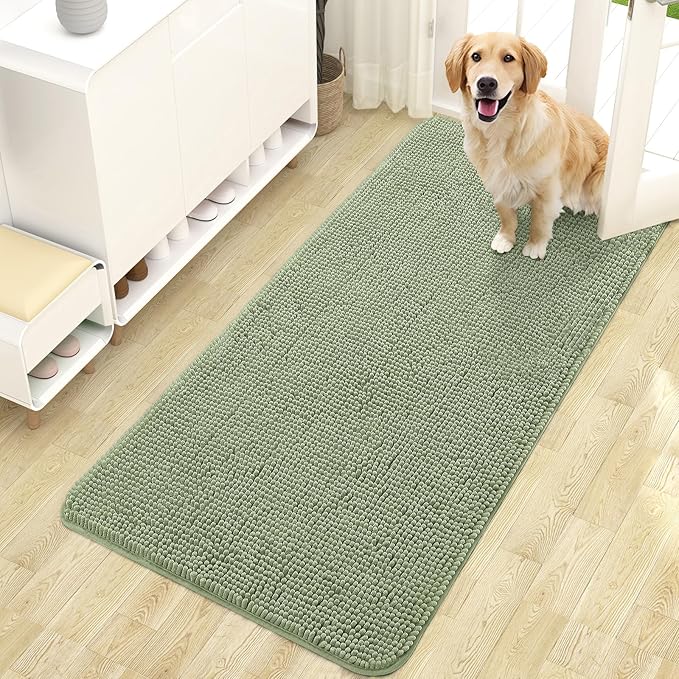 OLANLY Dog Door Mat for Muddy Paws 47x24, Absorbs Moisture and Dirt, Absorbent Non-Slip Washable Doormat, Quick Dry Chenille Mud Mat for Dogs, Entry Indoor Entryway Carpet for Inside Floor, Sage Green
