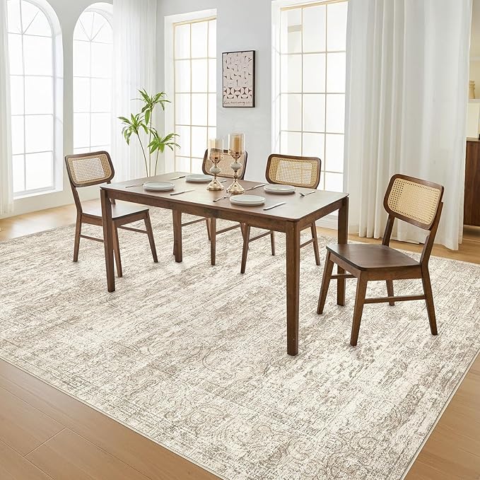 Area Rug Living Room Rugs - 9x12 Abstract Large Soft Indoor Washable Rug Neutral Modern Low Pile Carpet for Bedroom Dining Room Farmhouse Home Office - Vintage Beige