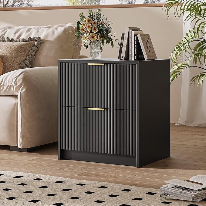 Set of 2 Fluted Nightstand with 2 Drawers, Modern Storage Bedside Table with Golden Metal Handles, Wooden End Table for Bedroom, Black