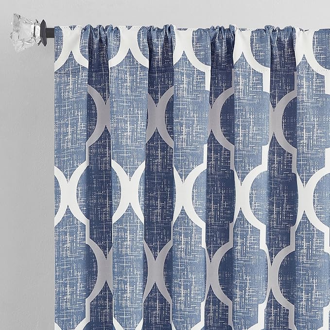 Beauoop 100% Blackout Curtains 84 Inches Long 2 Panels for Bedroom Living Room Blue Moroccan Geo Room Darkening Thermal Insulated Soundproof Rod Pocket Back Tab Window Treatments Drapes, 50x84