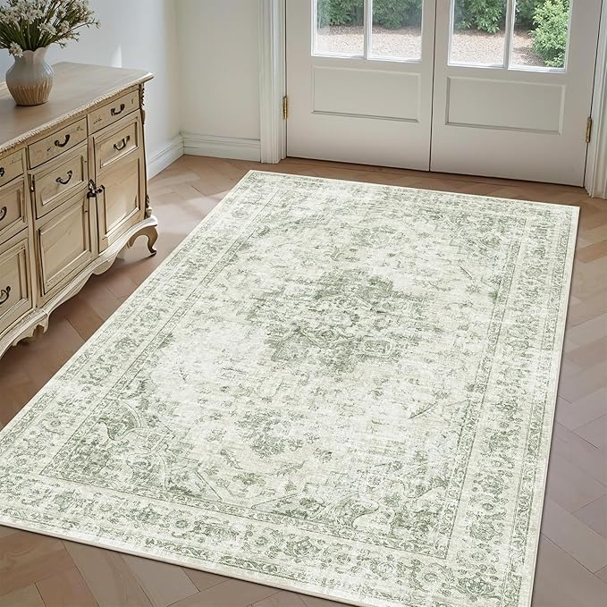 3x5 Vintage Washable Area Rugs Boho Medallion Large Distressed Retro Accent Carpet Floral Non-Slip Soft Low Pile Indoor Throw Rug for Living Room Bedroom Dining Room Office Kitchen, Green