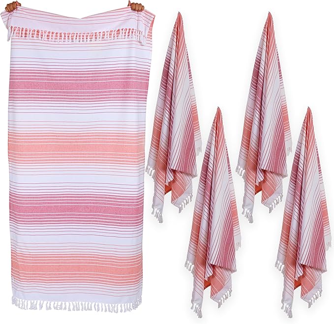 Native Fab Oversized Beach Towel, 4 Pack, 40x71 inches 100% Cotton Turkish Peshtemal for Adults,Soft & Absorbent, Extra Large Beach Towel for Hammam Spa Beach Blanket Bath, Cabana Strips, Red Orange