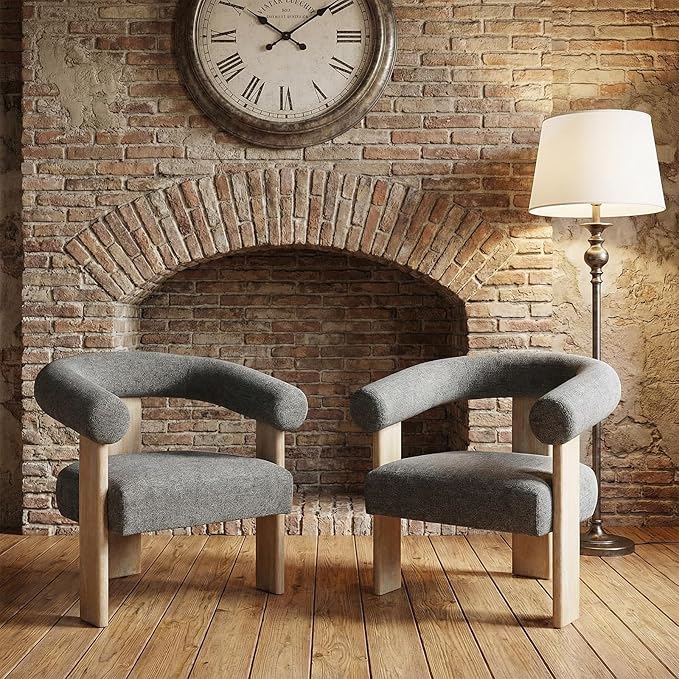 VKNOW Accent Chair Living Room Chairs Set of 2, Modern Upholstered Arm Chair with Solid Wood Legs, Comfy Barrel Accent Chairs for Living Room, Bedroom, Dark Grey