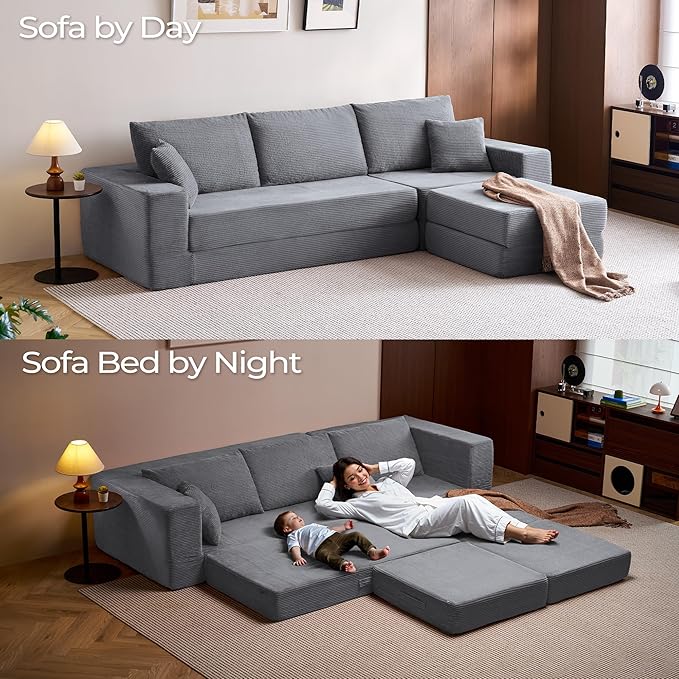 LINSY HOME Convertible Sofa Bed with 2 Pillows & Ottoman, Boneless Couch Folding Modular Sectional Sleeper Sofa, L Shaped Sofas Corduroy Couch Bed Compression Sofa for Living Room Apartment, Grey