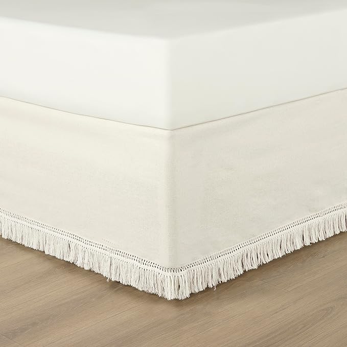 Lush Decor Boho Fringe 15-Inch Tailored Drop Easy Fit Bedskirt, Queen, Off-White