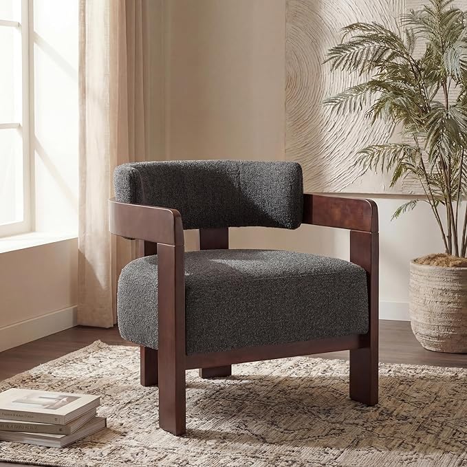 Barrel Accent Chairs Set of 2, Cozy Upholstered Living Room Chair for Bedroom, Walnut Wood Frame, Vintage Modern Lounge Reading Chairs for Apartment Waiting Room Office, Charcoal