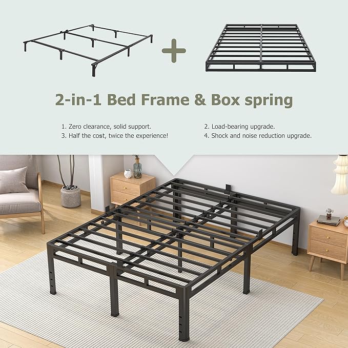 NKZ Full Size Bed Frame 20 Inch, Metal Bed Frame & Box Spring 2 in 1 Platform with Round Corner Legs, 4000lbs Weight Capacity Reinforced Metal Frame, Headboard Hole, Noise-Free, Easy Assembly