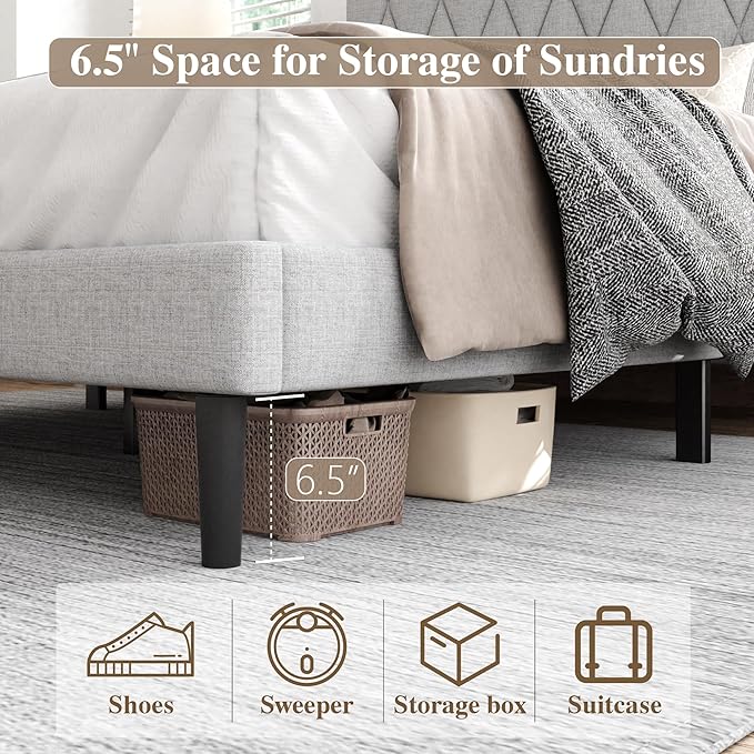 Queen Size Bed Frame with Diamond Tufted Headboard, Linen Upholstered Platform Bed and Wooden Slat Support, Noise-Free, No Box Spring Needed, Easy Assembly, Light Grey