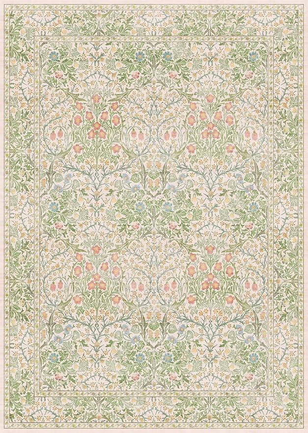 Light Green Bedroom Rug 5x7 Area Rug for Living Room, Vintage Washable Floral Floor Mat for Nursery, Dining Room Low Pile Non Slip Stain Resistance Distressed Retro Indoor (5x7 Beige Green)