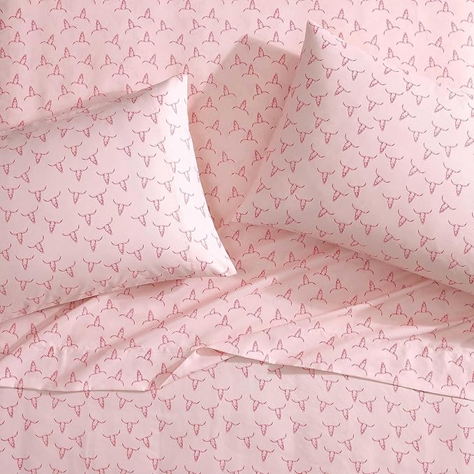 Wrangler - Twin Bed Sheets, Ultra-Soft & Lightweight Bedding with Matching Pillowcase, Lightweight Bed Set for All Season Comfort, Oeko-Tex Certified (Steer Skulls Pink)