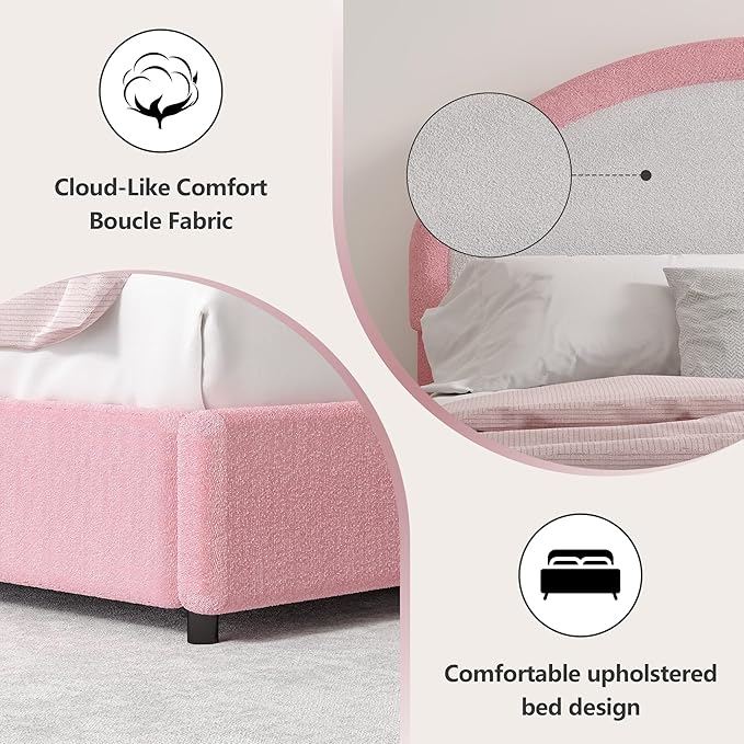 Twin Bed Frames with Headboard, Boucle Upholstered Platform Bed, White Bed Frame, Soft Rounded Corners, No Box Spring Needed, Easy Assembly, Pink&White