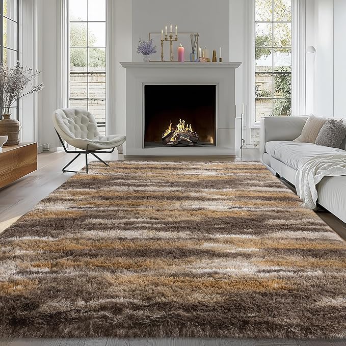 Fluffy Rugs for Bedroom Living Room, 4x6 Feet Abstract Brown Shag Area Rugs, Non-Slip Indoor Modern Fuzzy Plush Floor Carpet for Dorm Nursery Kids Room Decor, Soft Shaggy Throw Rug